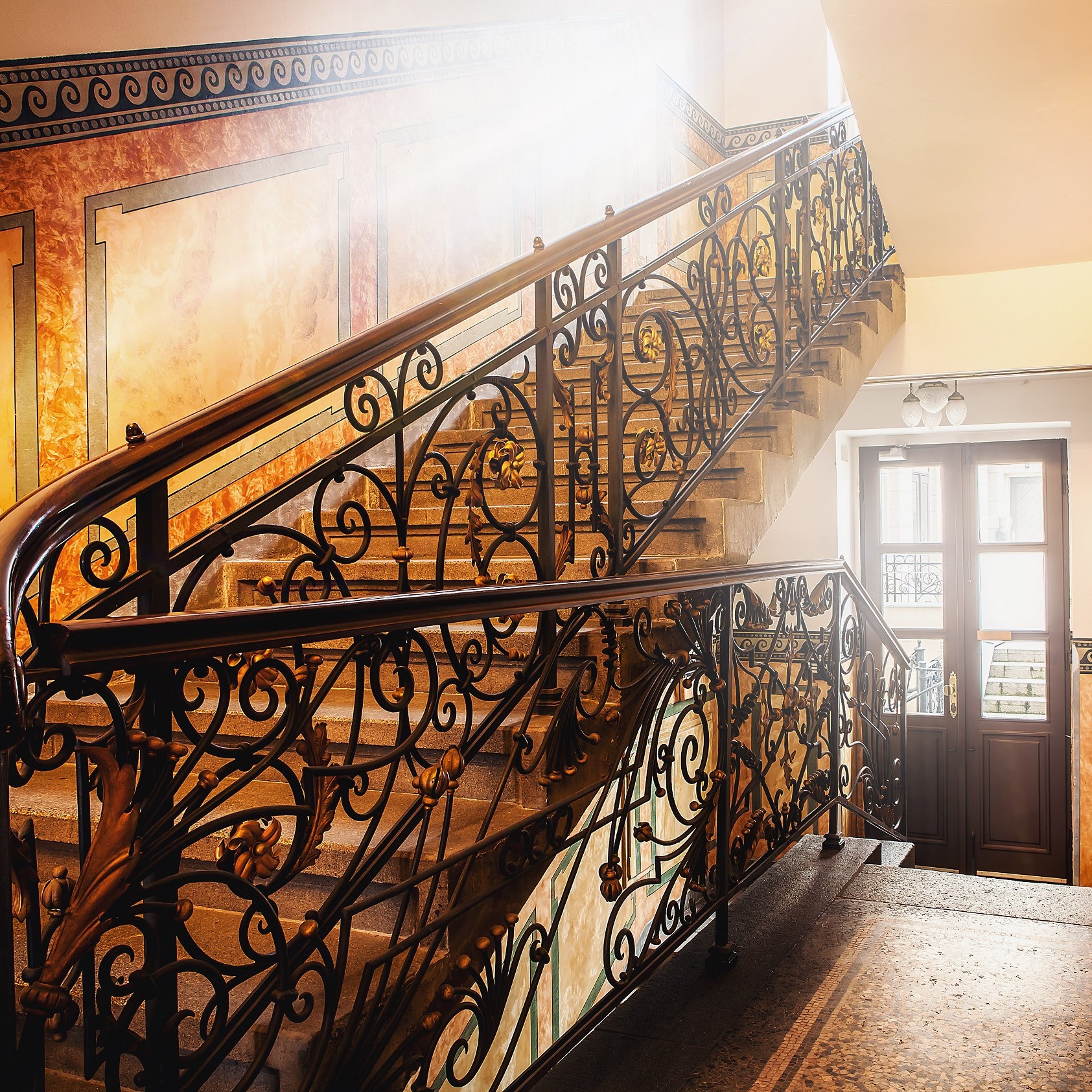 Classic And Elegant Stairs In Hallway With Sunlights Througn Window. Building Interior Of European Style In Resident House